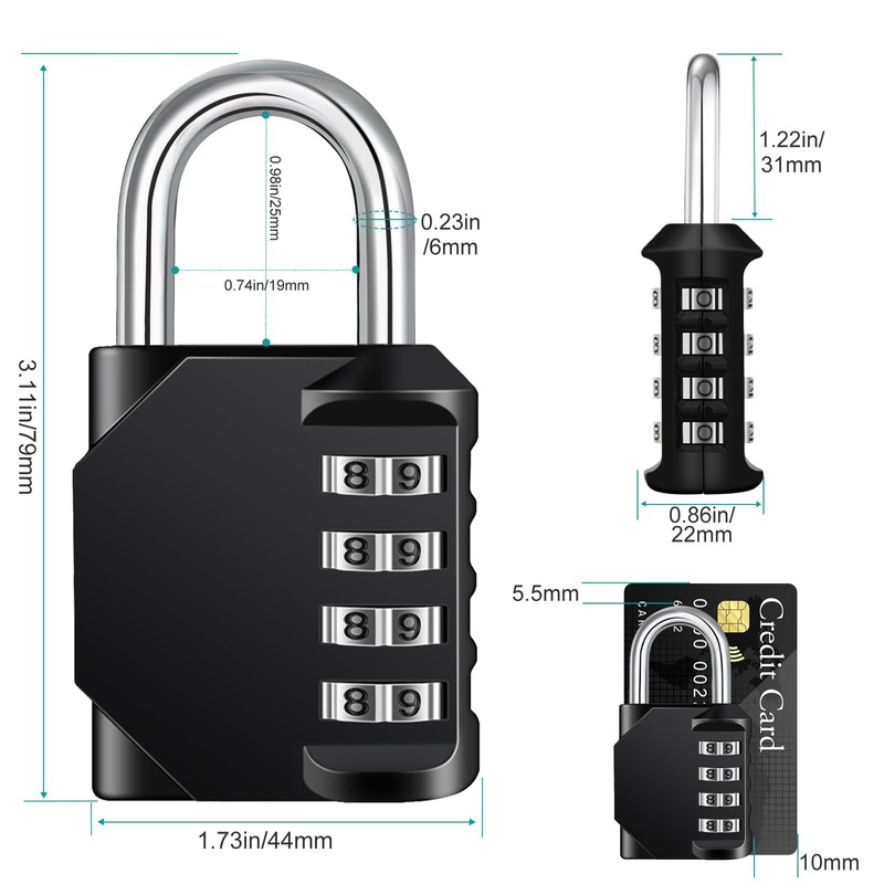 ZHEGE Combination Padlock for Locker, 4-Digit, Weatherproof Lock, Outdoor (Black