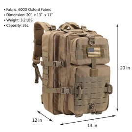 Hannibal Tactical 36L MOLLE Assault Pack, Tactical Backpack Military Army Camping Rucksack, 3-Day Pack Trip w/USA Flag Patch, D-Rings, Coyote