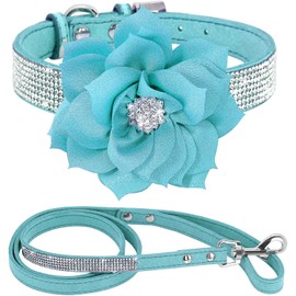 Haoyueer Cute Dazzling Sparkling Elegant Fancy Soft Suede Leather Bling Rhinestone Crystal Jeweled Pet Cat Dog Puppy Collar Dog Leash Combo Set (Blue7, S)
