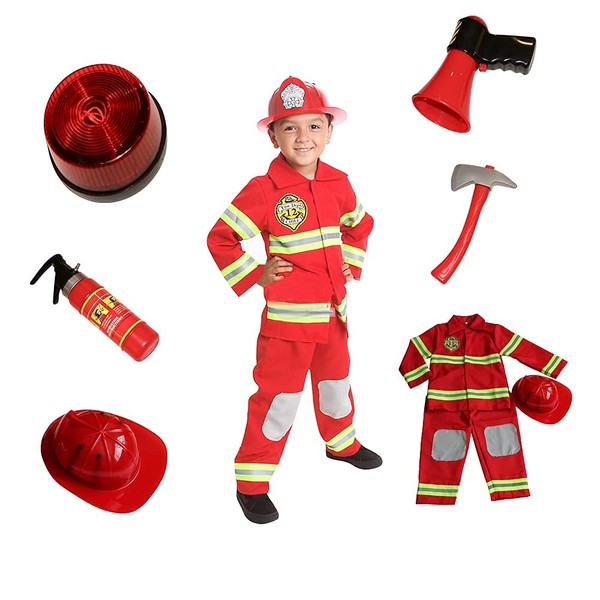 MONIKA FASHION WORLD Fire fighter Costume Light up patch on chest Kids W/Hat Fire man S M 4-6 -8 (M 6-8)