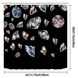 Namdeva Shiny Diamond Shower Curtain, Luxury Colorful Bling Jewelry Glam Girly Fashion Modern Bathroom Decor for Women Teenage Girls, Waterproof Polyester Fabric Black Shower Curtain, 72 X 72 Inch