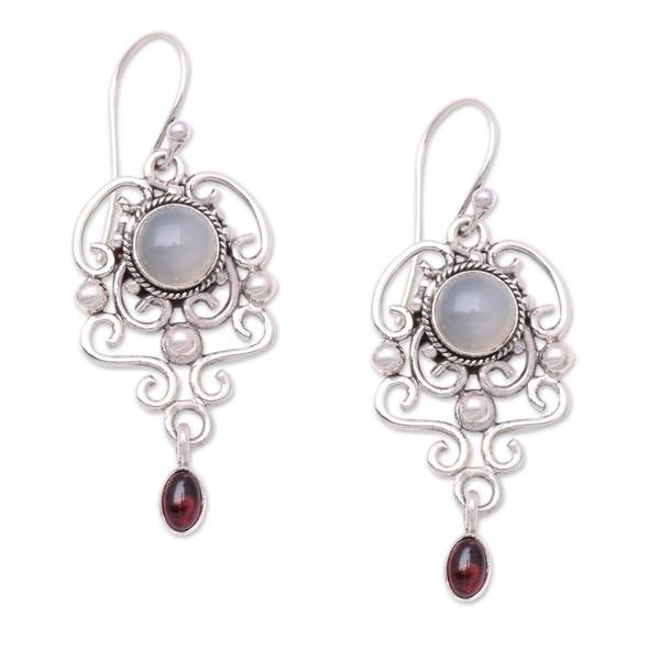 NOVICA Artisan Handmade Moonstone Garnet Dangle Earrings Sterling Silver Red