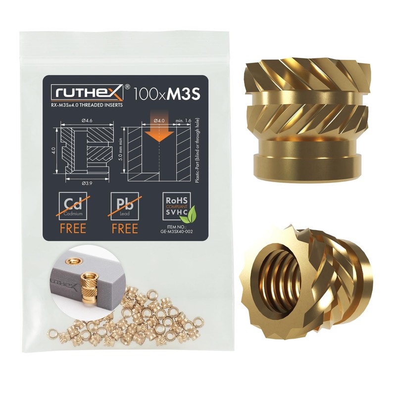 ruthex Short M3S Threaded Insert, Pack of 100 RX-M3Sx4.0 Threaded