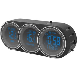 Kashimura NAK-208 Clock Thermo Voltmeter, Radio Clock and Interior Temperature and Vehicle Voltage Simultaneously Display, Blue/White Letters
