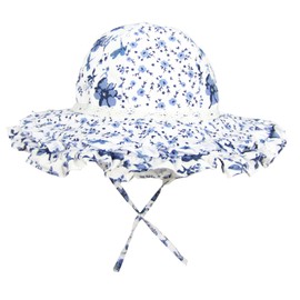 JUPSK Toddler Sun Hat Kids Summer Bucket Hat with Adjustable Chin Strap UPF50 Wide Brim Beach Hat Floral Cotton Cap for Infant Baby Boys Girls Aged 3-6 Months Blue
