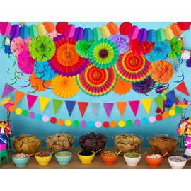 35PCS Fiesta Paper Fan Party Decorations Set - Cinco De Mayo Pom Poms,Pennant,Garland String,Banner,Hanging Swirls Decor Supplies（Multicolored) | Moon Boat