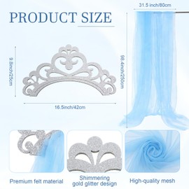 Blue 3 Pcs Princess Party Decor, Glitter Felt Crown, 2.5x8ft Tulle Curtain