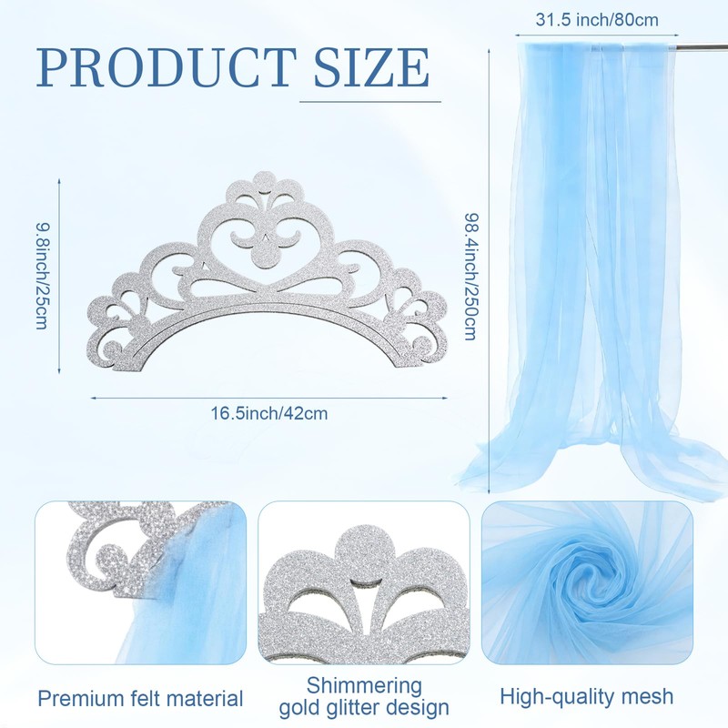 Blue 3 Pcs Princess Party Decor, Glitter Felt Crown, 2.5x8ft
