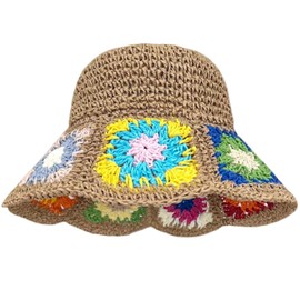 KORADI Women Sun Hats Crochet Granny Square Straw Hat Boho Floral Summer Beach Hats Hollow Out Bucket Hat Khaki