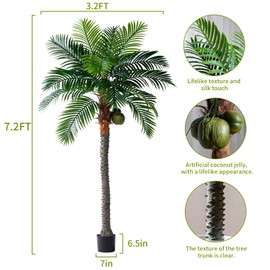 Erimda 7.2FT Artificial Phoenix Palm Tree with Coconut Fruit Outdoor Indoor Decor Large Faux Coconut Silk Palm Tree Tropical Fake Tree Large Faux Sago Palm Tree for Home Yard Outside Patio Poolside