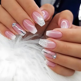 24 Pcs Silver Glitter Press on Nails Medium Length Fake Nails with Rhinestones Design Square Pink White Gradient False Nails Reusable Stick on Nails Full Cover Glue on Nails for Women Girls Nail Art