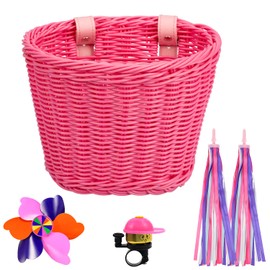 AFAIK Bicycle Basket Children's Bicycle Basket Braided for Girls and Children Front Bicycle Basket Children with Leather Straps, Streamers, Bicycle Bell, Windmills (Pink)