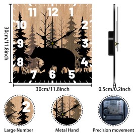 CHGCRAFT 12inch Bear Wooden Wall Clock Silent Non-Ticking Clock Wooden Forest Wildlife Wall Clock Battery Operated Rustic Farmhouse Wall Clock for Home Decor Living Room Kitchen Office
