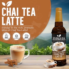 Syruvia Chai Tea Coffee Syrup - 25.4 fl oz. Premium Coffee Flavoring Syrup. Ideal for Enhancing Drinks, Sodas, Shakes, Desserts, and More.