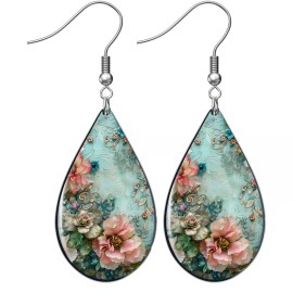 the fun things Shabby Chic Boho Romantic Pink & Blues Floral Earrings Teardrop Dangle