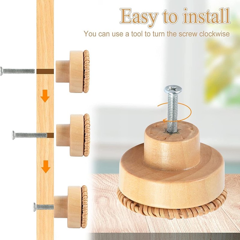6pcs Round Drawer Knobs Wood Rattan Woven Handmade Drawer Pulls