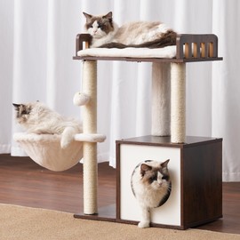 Heybly Modern Cat Tree, Wooden Cat Tower with 3 Scratching Posts, Cat Condo for Indoor Cats with Wood Cat Cave, Plush Perch, Basket, Pompom, Rustic Brown HCT007SSR