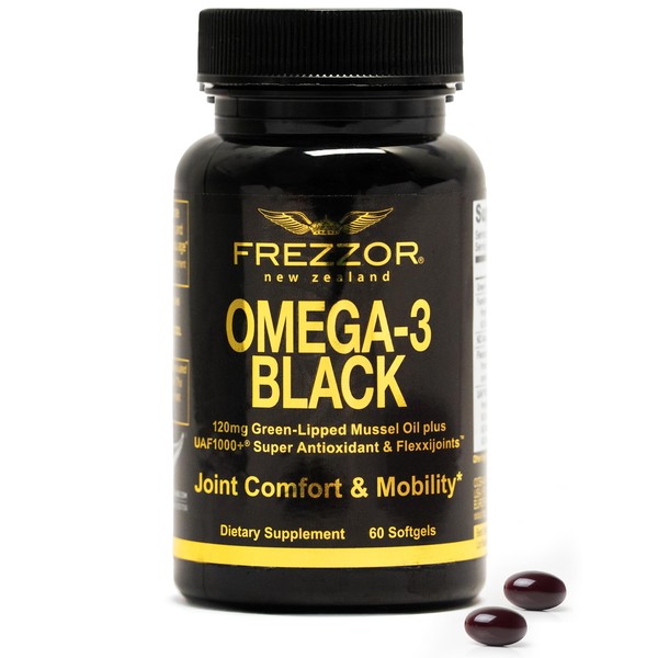 FREZZOR Omega 3 Black, Highest amount Green Lipped Mussel Oil, Made in New Zealand, UAF1000+, Inflammation, Joint Care & Relief, Heart & Immune Support, No Fishy Aftertaste, 450mg, 1-Pack, 60 Softgels