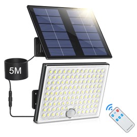 Realky Solar Lights for Outdoor Use with Remote Control, Outdoor Lamp with Motion Sensor, IP65 Waterproof Solar Light with 5 m Cable for Garage, Garden, Yard, Steps, Front Doors, Lawn, Pack of 1, Warm White