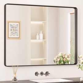 Keonjinn Black Framed Mirror for Bathroom 40 x 30 Inch Rounded Rectangle Wall Mirror, Matte Black Vanity Mirror for over Sink, Tempered Glass Farmhouse Mirror Seamless Metal Frame(Horizontal/Vertical)