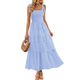 MEROKEETY Women's Summer Boho Maxi Dress Beach Vacation Casual Smocked A Line Sundress with Pockets, Blue, Large
