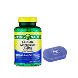Hayvi Calcium, Magnesium & Zinc Plus Vitamin D3 Dietary Supplement Capsules, 250 Count+ Portable Pill Container (2 Items)