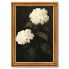 Iazahess Elegant White Hydrangea Canvas Wall Art Prints Vintage Floral Botanical Classic Black Background Flower Painting For Home Bedroom Dorm Wall Decor 12x18in Unframed