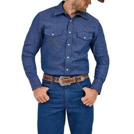 Wrangler Mens Cowboy Cut Western Two Pocket Long Sleeve Snap Work - Firm Finish Button Down Shirts, Indigo Denim, 17 Neck 35 Sleeve US
