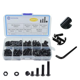 WZHUIDA 300-Piece M4 Screws Set, Allen Screws and Nuts and Washers Assorted Set, Black Rounded Head Screws Thread Screws Set with Allen Keys