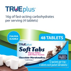 TRUEplus Soft Tabs Glucose Tablets, Chewable, Chocolate Marshmallow Flavor, 16g Fast-Acting Carbohydrates, Fat Free, Gluten Free, Raise Low Blood Sugar and Boost Energy, 4 Count, 12 Packs