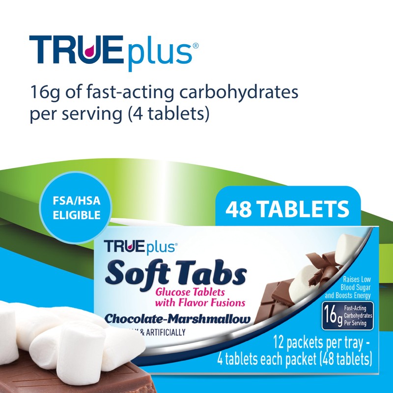 TRUEplus Soft Tabs Glucose Tablets, Chewable, Chocolate Marshmallow Flavor, 16g
