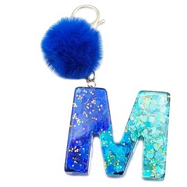 Xsclpomddy Initial Letter Resin Alphabet Key Rings with Fur Ball Pom pom keychains for Wallet Backpack Handbags Women Girls,M