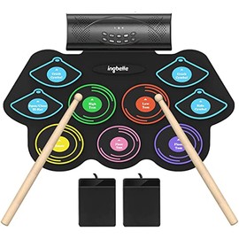 ingbelle Electronic Drum Set with Bluetooth, 9 Drum Pads, Roll up Electric Drum Set with Headphone Jack, Built-in Dual Speaker, Drum Stick, Foot Pedals, Best Gift for Christmas Holiday Birthday