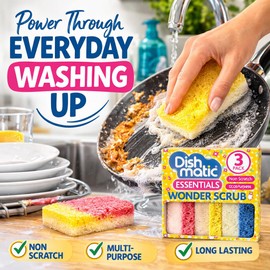 6 x Dishmatic Wonder Scrub Sponge Scourers – Non Scratch Multi-Purpose Cleaning Sponges – Dual Action Kitchen & Dish Washing Scourer Pads for Pots, Pans & Surfaces