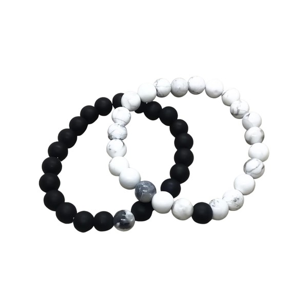 Matching Couples' Beaded Bracelets Set for 2 (Elastic, Marble White