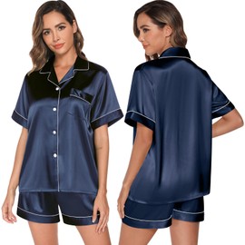 GAESHOW Satin Pajamas for Women, Short Sleeve Silk Pajama Set with Shorts Two Piece Pj Sets Button-Down Sleepwear Loungewear Navy
