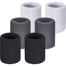 Sawanork Sweatbands, Sports Wristbands, Cotton Wrist Bands for Adults Working Out, Tennis, Basketball, Running, for Men & Women, 3 Pairs (Black White and Grey)