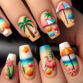 Summer Press On Nails Medium Coffin Fake Nails Brown Blue False Nails With Coconut Tree Sea Shell Designs Acrylic Nails Press Ons Full Cover Glue On Nails Summer Stick On Nails For Women