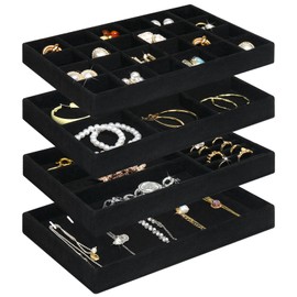 Jenseits 4 Stackable Jewelry Trays Organizer Set for Drawers, Jewellery Drawer Insert Divider Jewel Display Storage with Removable Dividers for Earring Necklace Rings Bracelet, Black