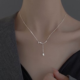 TseenYi Long Crystal Y Lariat Necklace Crystal Lariat Long Drop Necklace Silver Cz Lariat Y Necklace Pear Rhinestone Necklace Chain Jewelry for Women and Girls Gifts