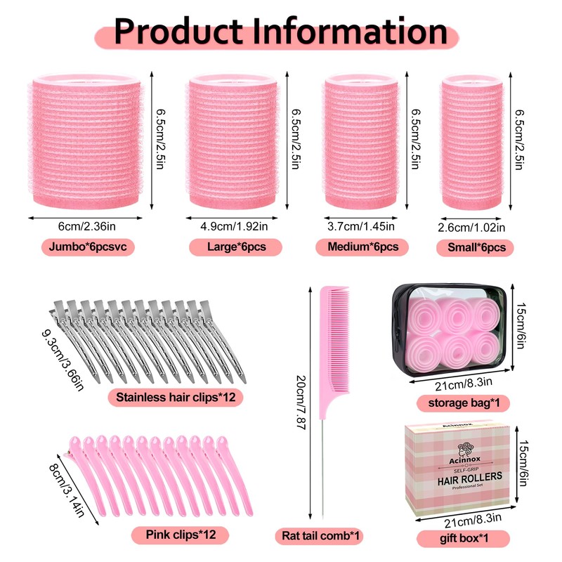 4 Sizes Self-Grip Hair Rollers Set with Clips - 4