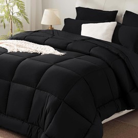 SunStyle Home Black Twin Size Comforter Sets - 5 Pieces Bed in a Bag, Lightweight Goose Down Alternative Bedding Sets with All Season Comforter, 1 Flat Sheet, 1 Fitted Sheet, 2 Pillowcases