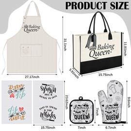 Langyiwee 6 Pcs Baking Gifts Set Fun Baking Gifts for Women Baking Queen Canvas Tote Bag Baking Apron Kitchen Towels Oven Mitts and Pot Holder Birthday Christmas Gifts for Bakers Mom Sister Wife Aunt