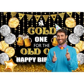 Black Gold Birthday Backdrop for Men A Cold One for The Old One Happy Birthday Photography Backdrop Gold and Silver Glitter Balloons Beer Men Birthday Decoration Backdrop 7x5Ft