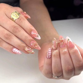 Almond Press on Nails Medium Fake Nails French Tip with Flower Rhinestones Pearls Lines Irregular Pattern Designs Golden Glitter Glue on Nails Light Pink Stick on Nails for Girls 24 Pcs