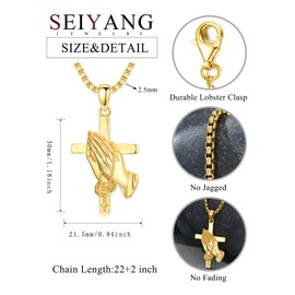 Seiyang Gold Praying Hands Necklace 925 Sterling Silver Serenity Prayer Cross Pendant Christian Vintage Catholic Jewelry Gifts Jesus Cross Amulet