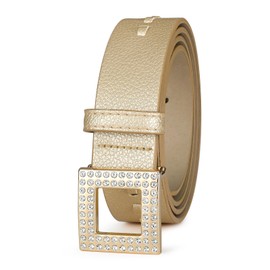 RISANTRY Gold Belt for Women Fashion Belt Casual Women Belts With Rhinestone Buckle Faux Leather Waist Belt