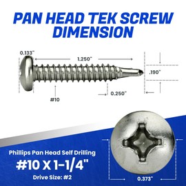 #10 x 1-1/4" Pan Head Self Drilling Tek Screws, Full Thread, Phillips Drive, Stainless Steel 410, Bright Finish, Self-Drilling, Quantity 50 Pieces by Fastenere