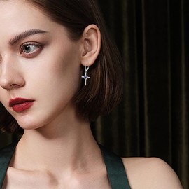 JIWOY Cross Earrings Sterling Silver Crucifix Dangle Drop Earrings Heart Created Sapphire Religious Jewelry for Women