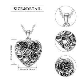 Skull Locket Necklace Sterling Silver Rose Flower Skull Heart Locket Necklace That Holds Pictures Locket Necklace Skull Gothic Jewelry Gift for Women Men (Skull Locket 01)